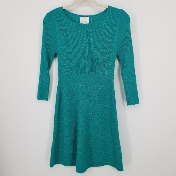 Julie Brown Cable Knit Sweater Dress - Mini Teal Green A Line Flare 3/4 Sleeves - Picture 1 of 7